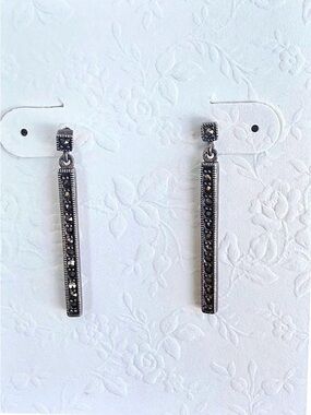 Vintage Sterling Silver Marcasite Bar Drop Dangle Earrings 925
